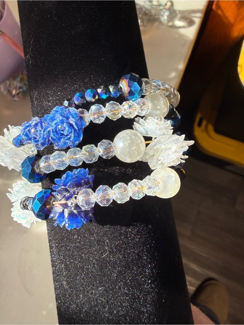 Handcrafted Blue Crystal Flower Beaded Stretch Bracelet Stack